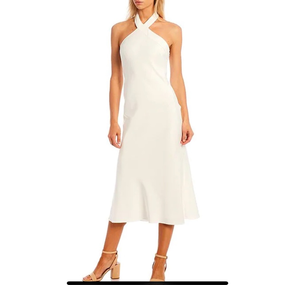White Satin Midi Dress Cross Halter Neck - Aidan Mattox Sleevless wedding